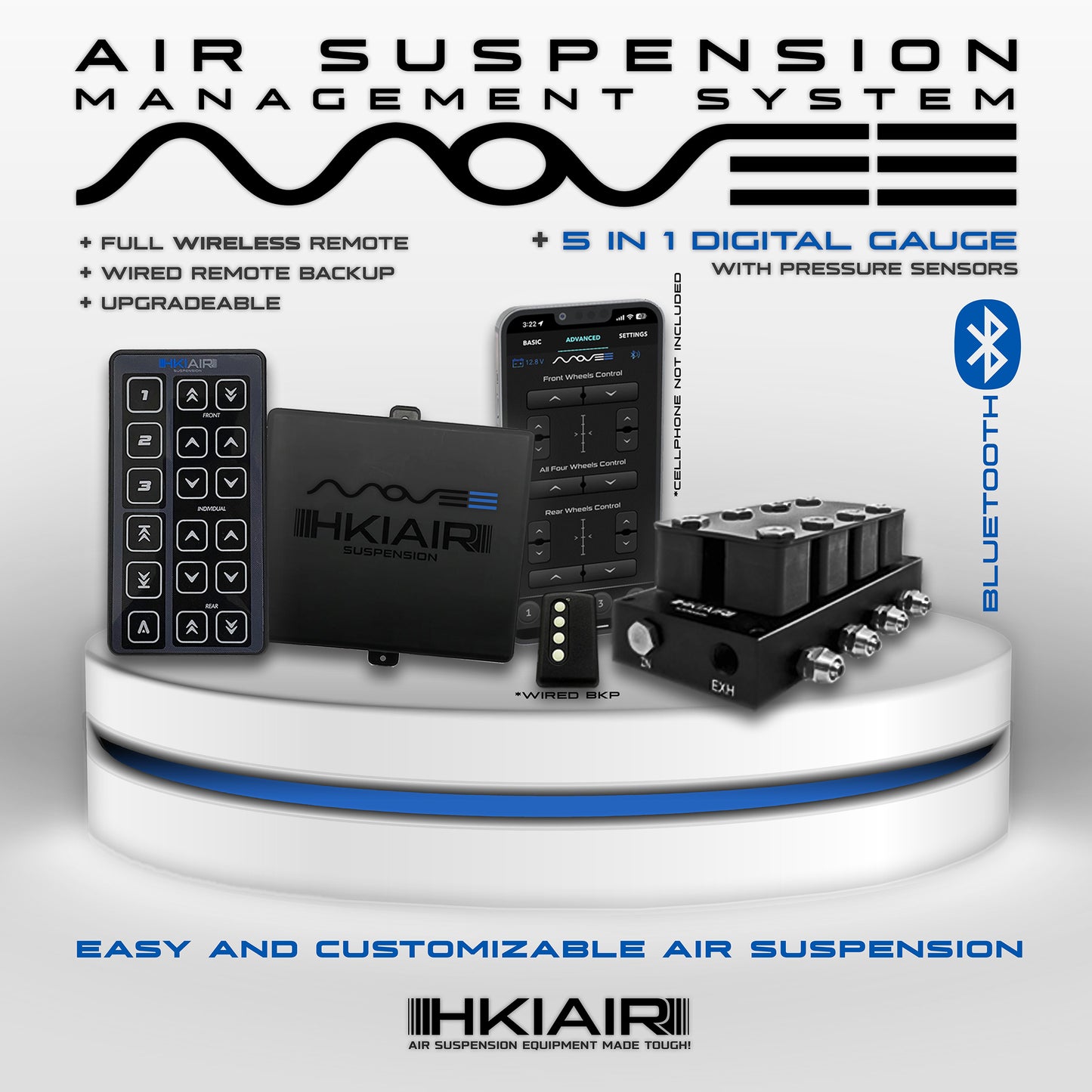 BT8 Movee Remote Controlled Bluetooth Air Suspension Management System + 4 Corner Valve Manifold + Full Remote