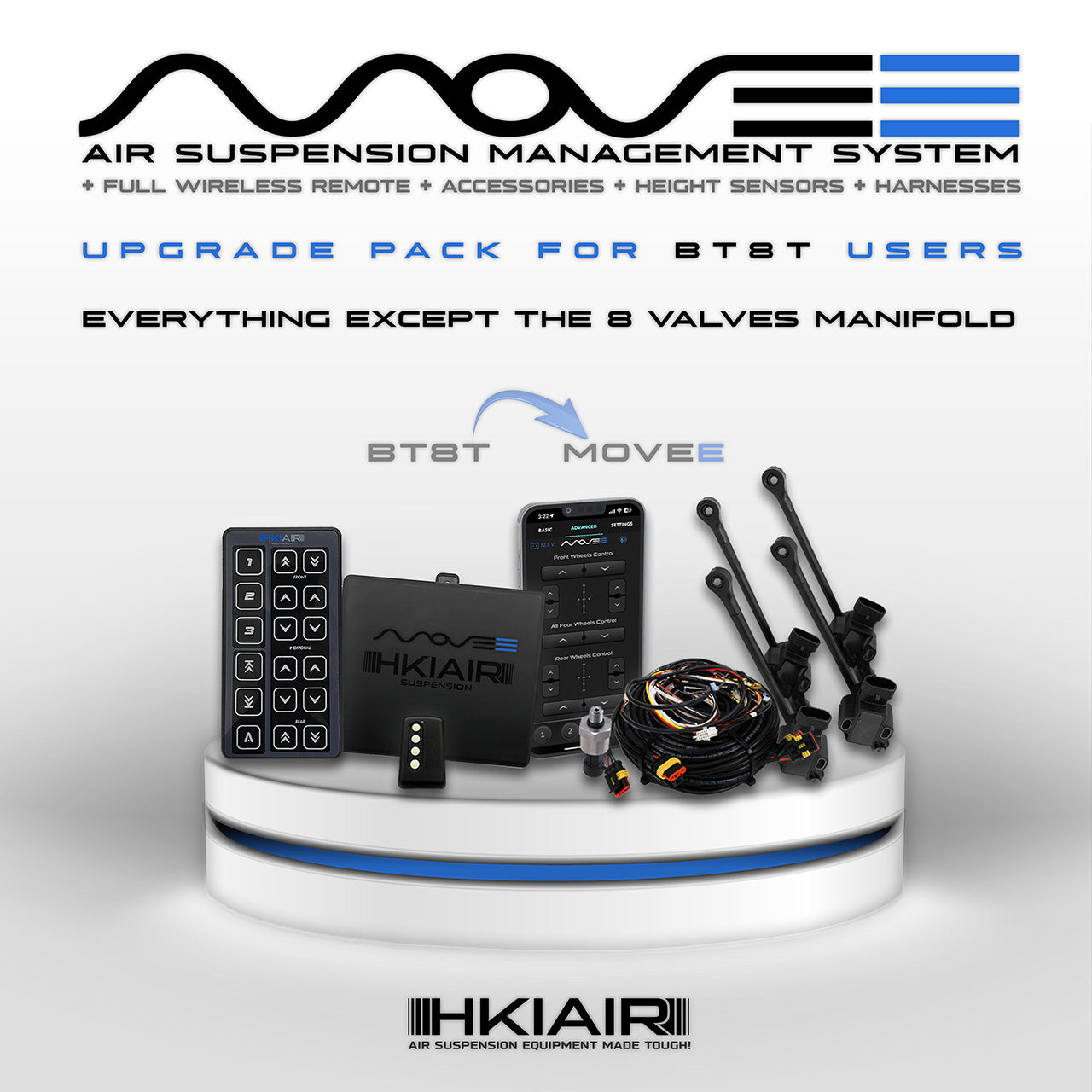 HKI Air Suspension BT Remote Control System – 4-Corner Valve Manifold With Smartphone Control, Wiring Harness