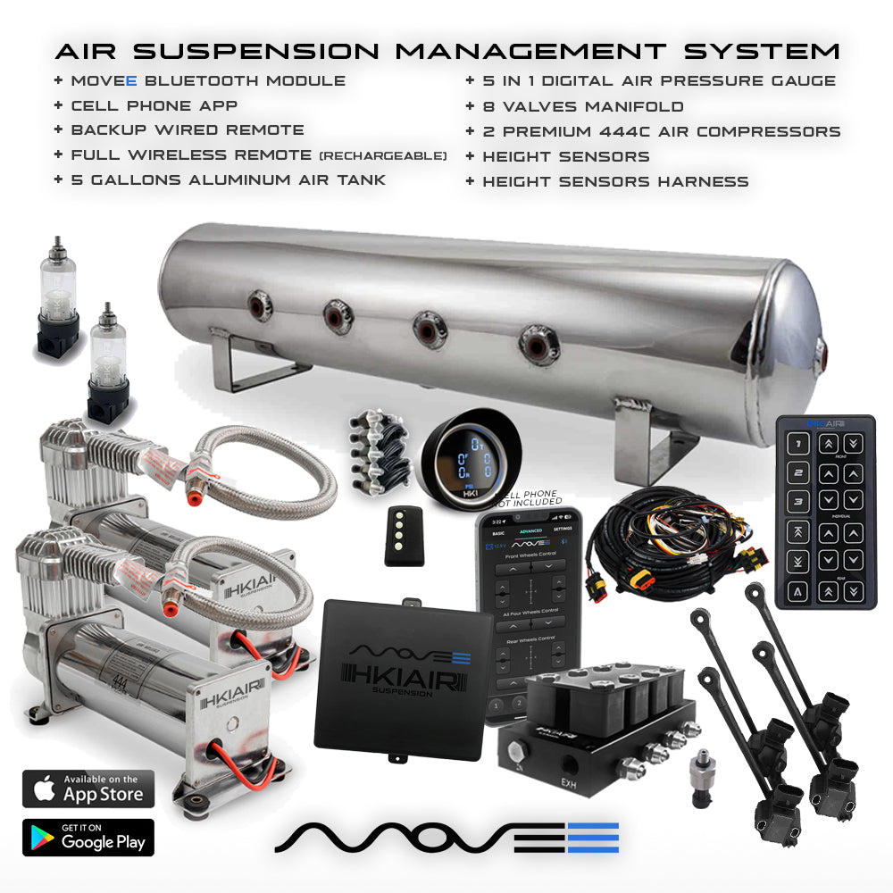 Air Suspension Kit With Dual 444C + Movee Full Air Suspension Management + Digital Gauge + Air tank & Filters