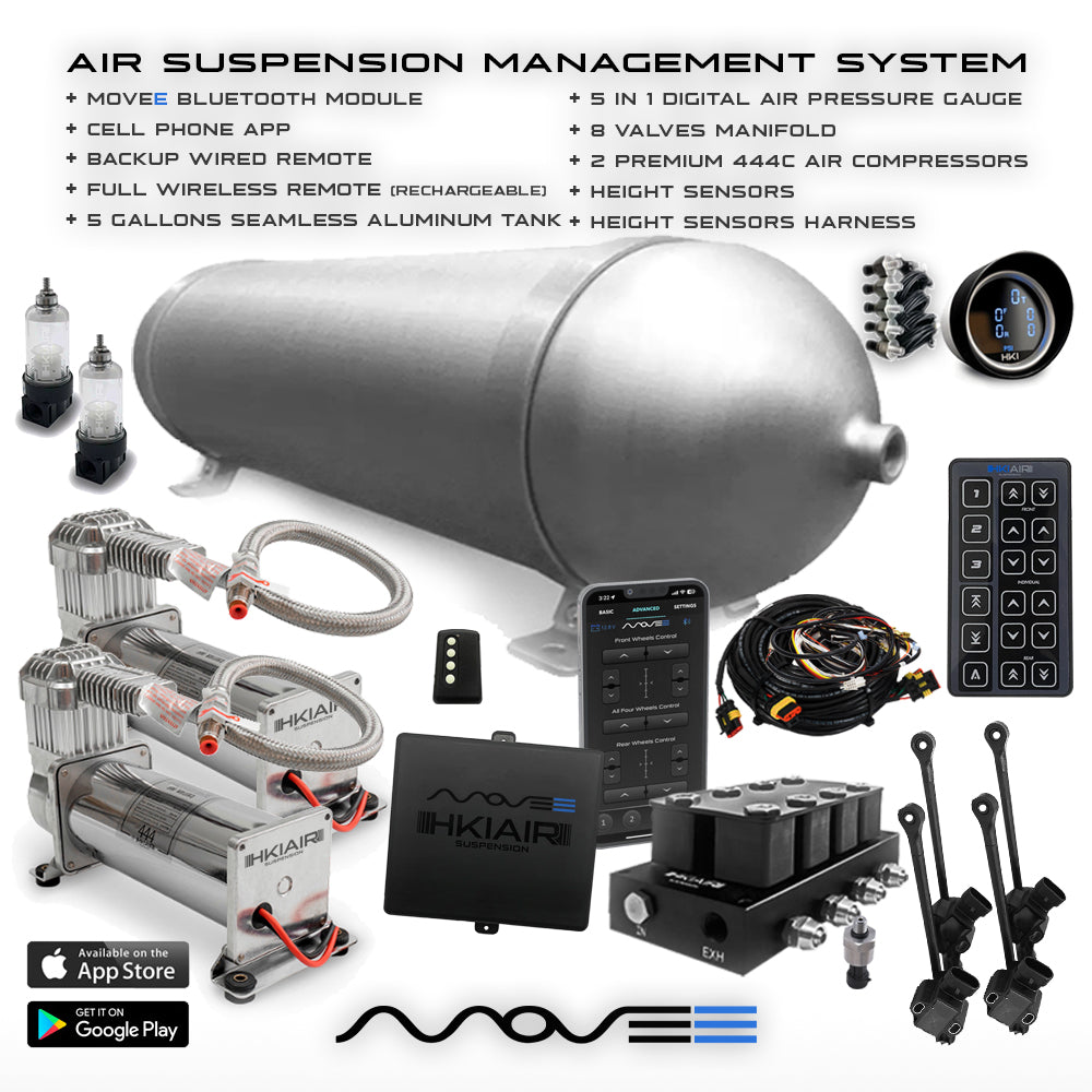 Air Suspension Kit With Dual 444C + Movee Full Air Suspension Management + Digital Gauge + Seamless Air tank & Filters