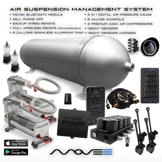 Air Suspension Kit With Dual 444C + Movee Full Air Suspension Management + Digital Gauge + Seamless Air tank & Filters